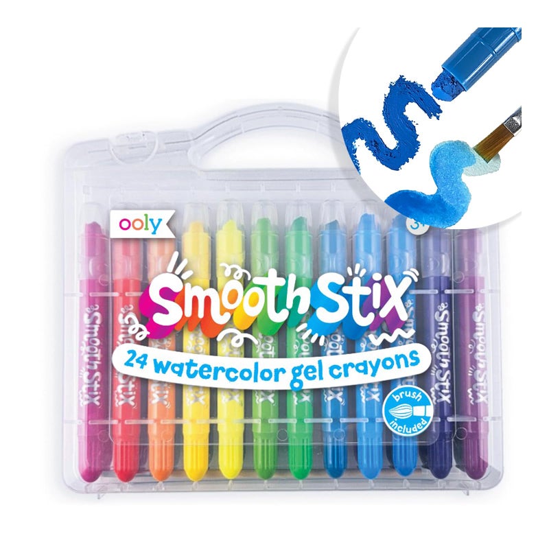 Ooly Smooth Stix Gel Crayons for Kids and Adults with Paint Brush - Set of 24 Watercolor Rainbow Crayons for Glass and Paper with Case, Twist-Up Gel Crayon Set - Image 1